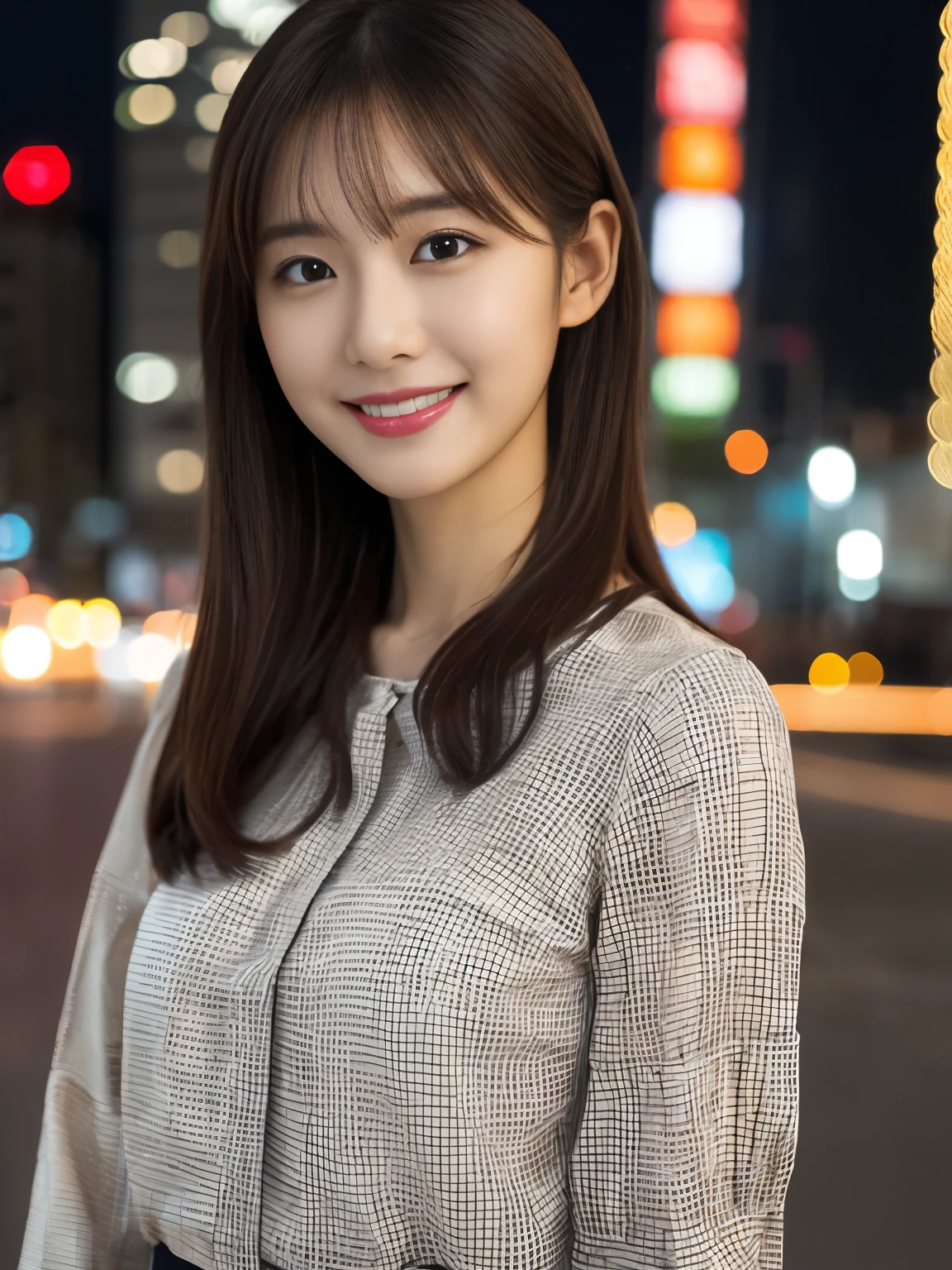 1 girl, (wearing a Check pattern red blouse:1.2), Beautiful Japan actress,
(RAW photo, highest quality), (realistic, Photoreal:1.4), masterpiece, 
very delicate and beautiful, very detailed, 2k wallpaper, wonderful, 
finely, Very detailed CG Unity 8K wallpaper, super detailed, High resolution, 
soft light, beautiful detailed girl, very detailed目と顔, beautifully detailed nose, beautiful and fine eyes, 
cinematic lighting, Against the backdrop of the cityscape at night, city lights, perfect anatomy, Random Body Orientation, slender body, smile