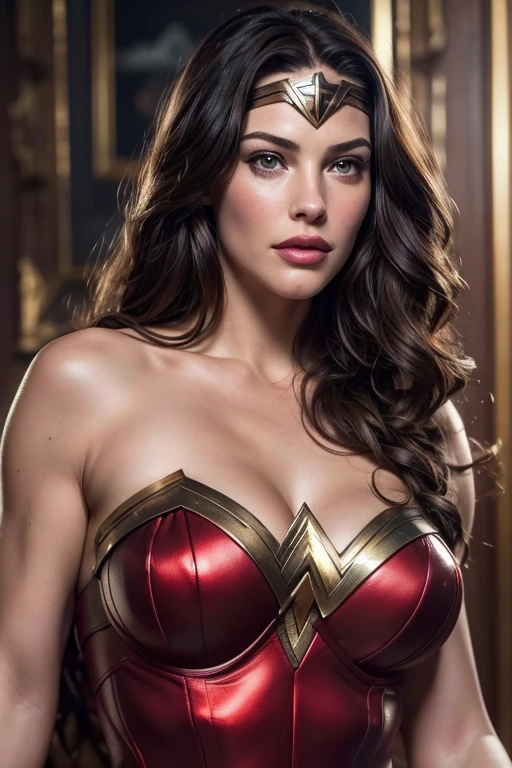 (best quality,4k,8k,highres,masterpiece:1.2),ultra-detailed,photorealistic,beautiful detailed eyes and face,sexy detailed lips,Liv Tyler in Wonder Woman costume,stunning,hyper-realistic
