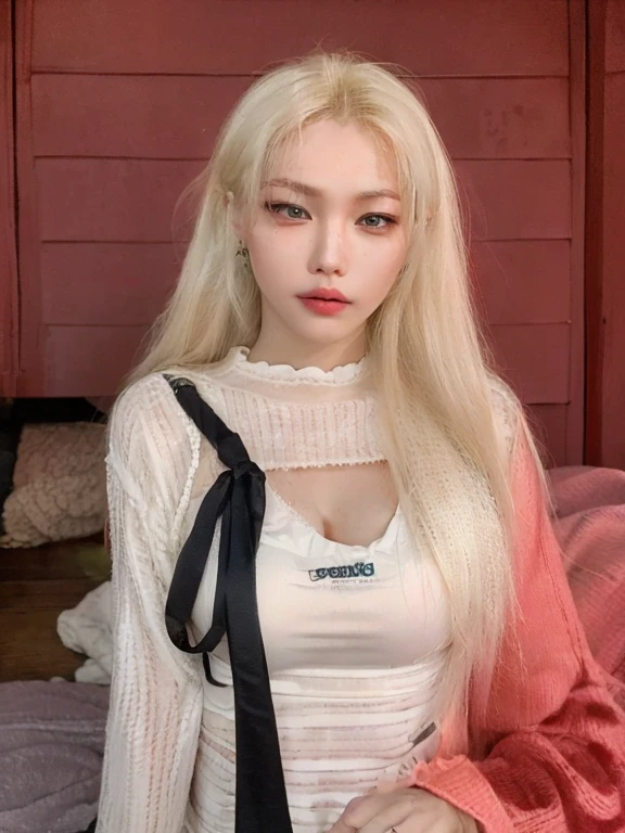 Lee Felix blonde and green eyes, full lips and pale skin 