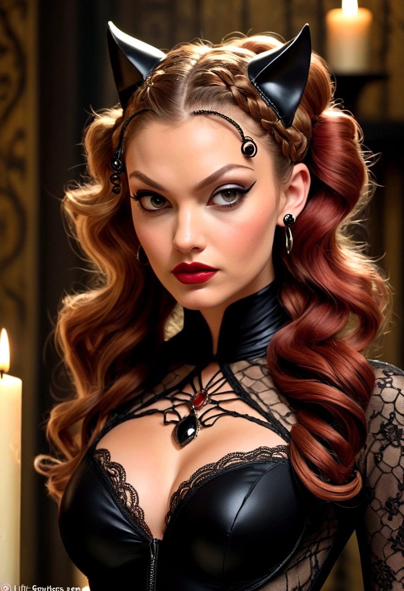 Full body shot Rachel Cook catwoman, ringlets wavy five feet long red hair, updo hairstyle with ponytail on one side and long hairpins holding the bun long braid, strong thighs, dark red glossy lips, heavy black eye shadow long black eyeliner, long sharp claws, black lace beautiful and creative catwoman bodysuit with no jewels, huge cleavage, clear ears no earrings, no earrings, no earrings, no earrings, no jewels, beautiful forehead lace ornament, posing in a feminine catwoman den, happy expression, dark ambience night time candle lights. No faces on her chest!