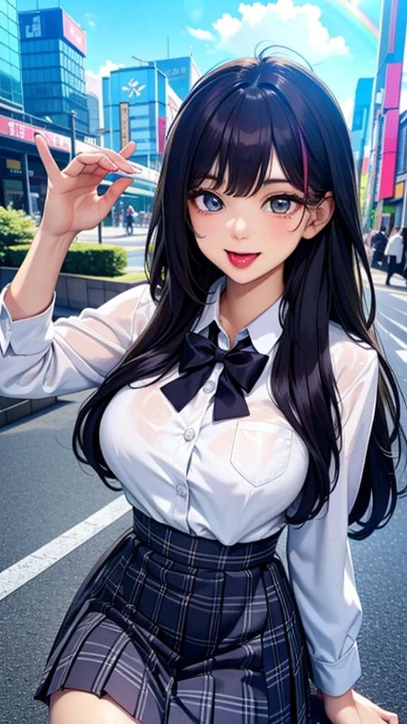 (Highest quality), (so beautiful), (Super detailed), (Best illustrations), Gal, Improve, alone, 1 dog, Rainbow Hair,Long Hair, Messy Hair, Random color eyes, , candy stripe dress shirt, Pleated skirt,Tokyo,Fancy city,Laughing with your mouth open