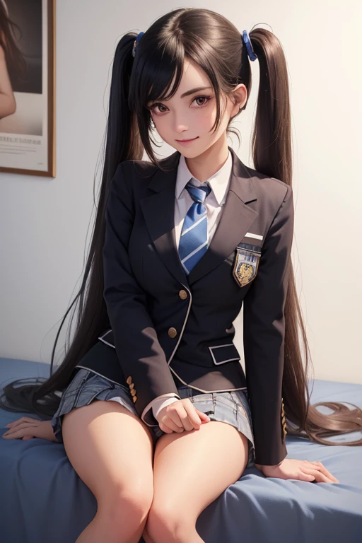 (((best qualityer), (hyper realist), mh-yk, 1 , alone, blackquality hair, eyes browns, long  hair, wearing private university uniform, blue blazer style with buttons, tie and tight skirt followed by knee socks,, big fit ass,, twintails, plein-air, hair rings, gazing at viewer, university anatomy club scene, de pé encostada na loja gazing at viewer, sweet look, inside a closed room with a blackboard behind full of drawings of the human body