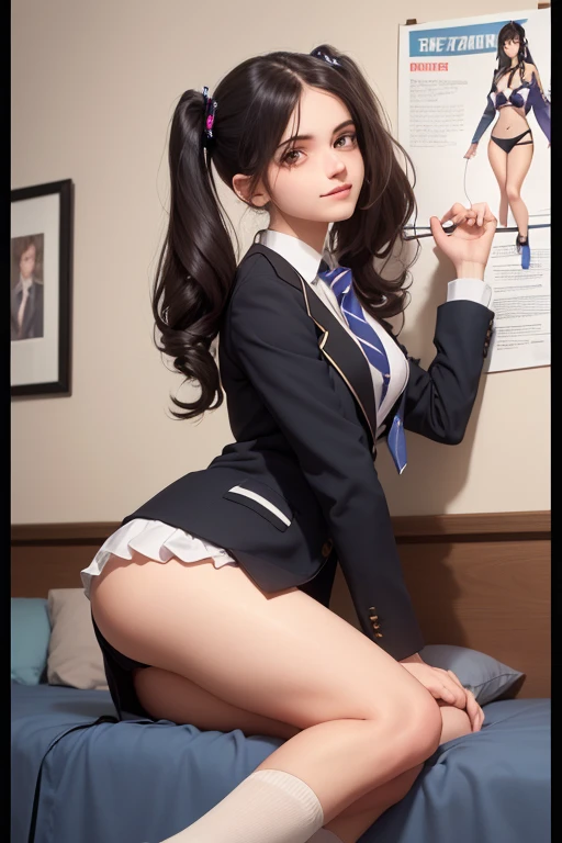 (((best qualityer), (hyper realist), mh-yk, 1 , alone, blackquality hair, eyes browns, long  hair, wearing private university uniform, blue blazer style with buttons, tie and tight skirt followed by knee socks,, big fit ass,, twintails, plein-air, hair rings, gazing at viewer, university anatomy club scene, de pé encostada na loja gazing at viewer, sweet look, inside a closed room with a blackboard behind full of drawings of the human body