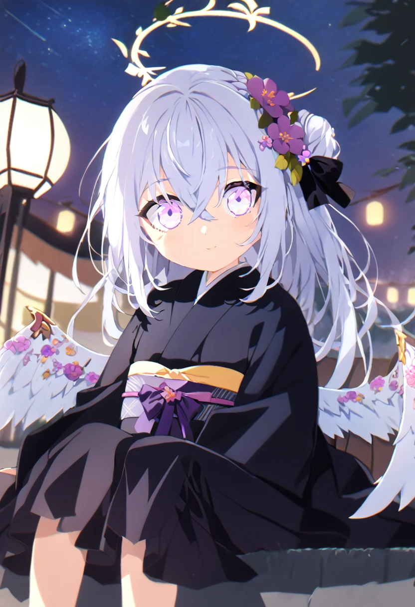 azusa \(blue archive\),1girl alternate_costume alternate_hairstyle angel_wings bench blurry braid braided_bun building depth_of_field feathered_wings flower hair_between_eyes hair_bun halo japanese_clothes kimono lamppost long_hair long_sleeves looking_at_viewer night night_sky obi obiage park park_bench purple_eyes sash sidelocks single_hair_bun sitting sky skyline skyscraper solo star_(sky) starry_sky stuffed_toy tree v_arms white_hair white_wings wide_sleeves wings yukata smile
