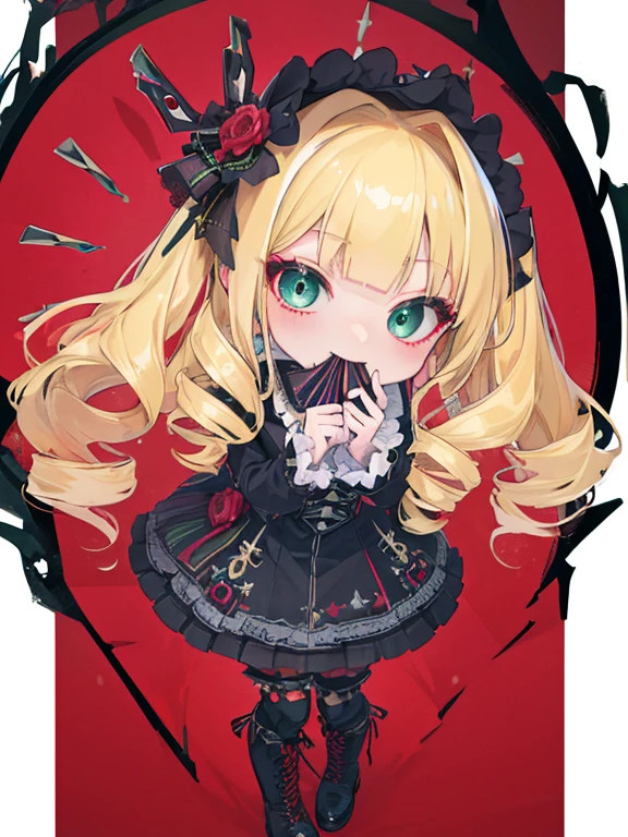 (((Highest quality ultra detailed,Unity 8k))),Twin Drill,emerald eye,Posing,blazer:1.1 (Gothic Lolita:1.2),,blunt bangs,lace up boots,Blonde,medium hair,knife,Licking one&#39;s lips