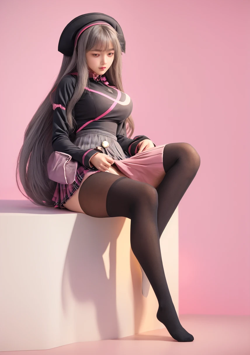 (masterpiece,highest quality:1.2),1 girl,
one person,Long Hair,Black sleeve short vest,Pink Skirt