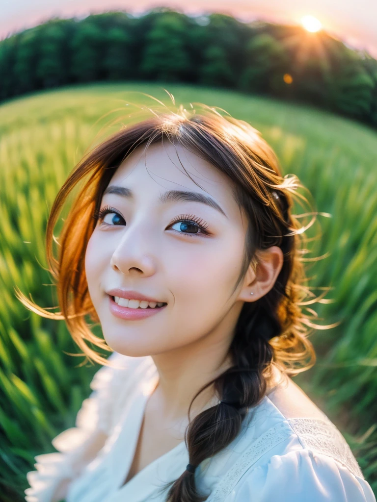 Japanese beautiful girl, ((Fisheye Lens, )) wind, sunset, Wheat field、, (Aesthetics and atmosphere:1.2),Smiling beautiful woman、8K、ultra HD、woman1 person((highest quality, 8K, masterpiece: 1.3)), woman (Wearing a white dress), Dancing,Sharp focus: 1.2, cute woman: 1.4, (((Random hairstyle)), Highly detailed face、skin、Hair Texture, detailed eyes, double eyelid, White skin, Beautiful and delicate nose, Cute young Japanese woman, 28 years old, At a dynamic angle, Pleasant to the eye、Thought-provoking composition, Emphasize the subject&#39;s hair,  Words and actions, The muted tones and contrast of light and shadow create a melancholic feeling.,