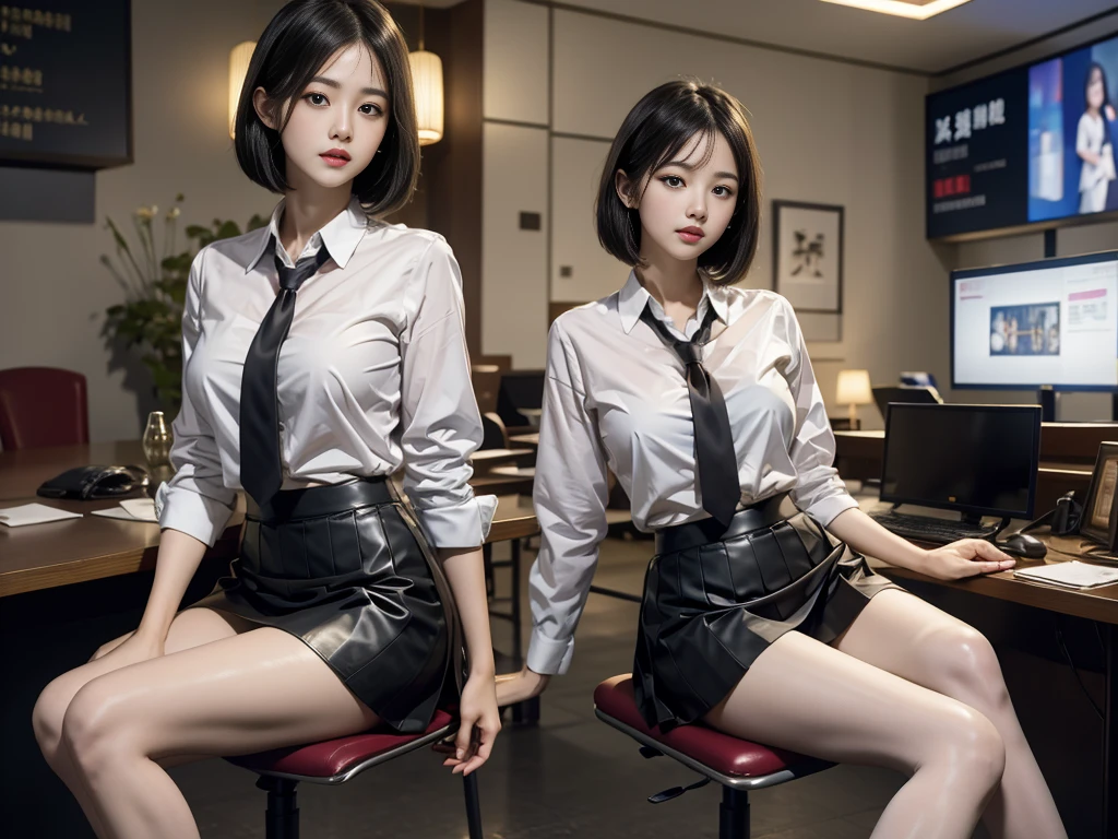 (best quality, 4k, Masterpiece, Ultra detailed, hyperrealism, RAW quality), cute student, the cutest face, Chinese-Korean, clean natural face, light gray eyes, bob cut black hair with golden tips, sitting in chair leather, waiting her turn at the Chinese international airport, she wearing a tight tailored skirt, shirt and tie, legs crossed, looking at the board above.