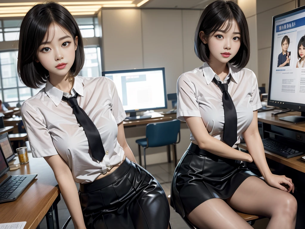 (best quality, 4k, Masterpiece, Ultra detailed, hyperrealism, RAW quality), cute student, the cutest face, Chinese-Korean, clean natural face, light gray eyes, bob cut black hair with golden tips, sitting in chair leather, waiting her turn at the Chinese international airport, she wearing a tight tailored skirt, shirt and tie, legs crossed, looking at the board above.