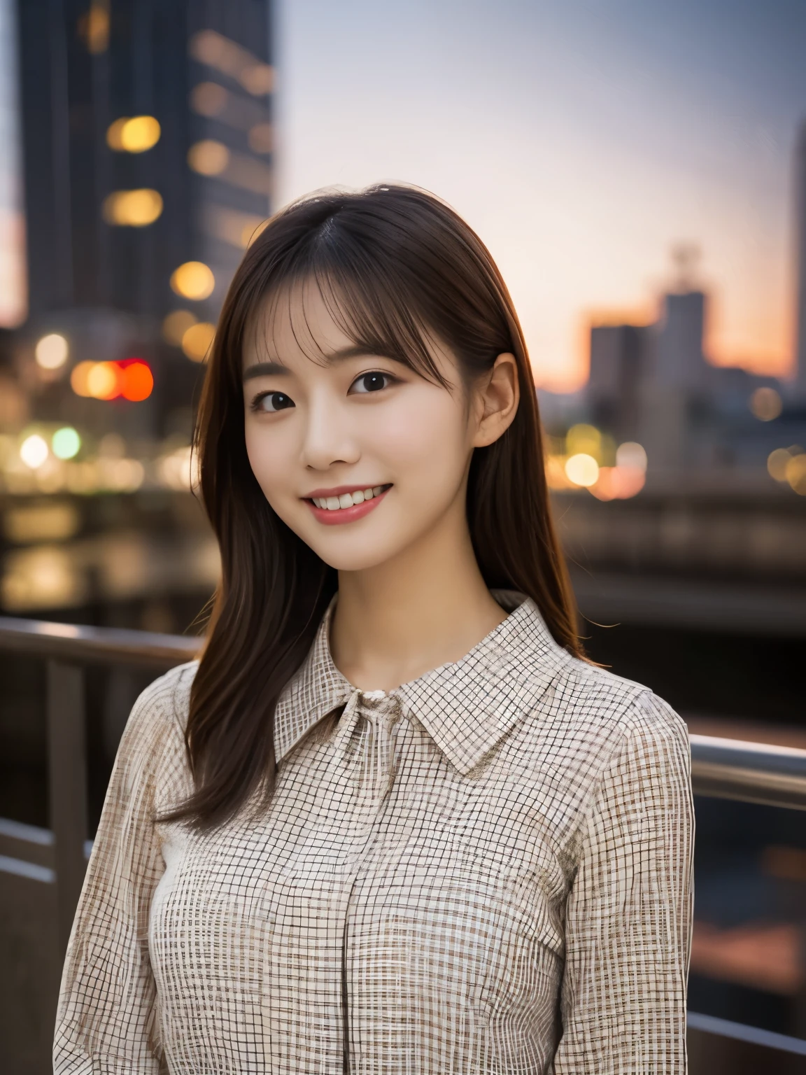 1 girl, (wearing a Check pattern red blouse:1.2), Beautiful Japan actress,
(RAW photo, highest quality), (realistic, Photoreal:1.4), masterpiece,
very delicate and beautiful, very detailed, 2k wallpaper, wonderful,
finely, Very detailed CG Unity 8K wallpaper, super detailed, High resolution,
soft light, beautiful detailed girl, very detailed目と顔, beautifully detailed nose, beautiful and fine eyes,
cinematic lighting, Against the backdrop of the cityscape at night, city lights, perfect anatomy, slender body, smile