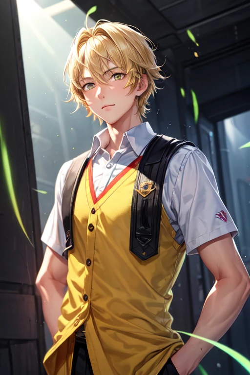 30 year old male boy, tall with short light blonde hair and bright yellow eyes and with school clothes and with powers of light and darkness around him