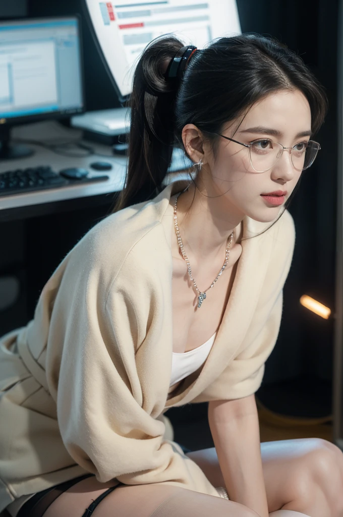 (((best quality))),(((ultra detailed))),(((masterpiece))),illustration,((1 beautiful girl,solo)),((slim,thin)),((small breasts,flat chest)),futuristic laboratory, ((stylish glasses,detailed eyes)), intelligence, white lab coat,(short ponytail:1.2), flawless skin,(laughing:1.2),(earrings,crystal necklace),(stockings:1.3), cyberpunk vibe, high-tech equipment, darkened lighting, high-altitude lamps, beakers, flasks, test tubes, computer screens, consoles, terminals, scientific wonderland, desolate surroundings, time warp, motionless, deep in concentration, profound scientific mystery, secrets of the universe, beauty, poignancy, essence of science, mystery, alluring appeal, captivating, enchanting,((from front,upper body,sitting on the table,arms behind back,spread legs apart))