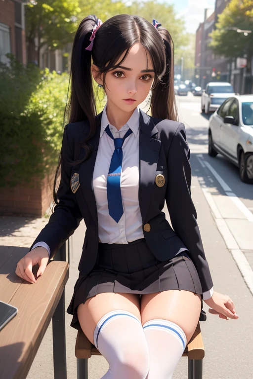 (((best qualityer), (hyper realist), mh-yk, 1 , alone, blackquality hair, eyes browns, long  hair, wearing private university uniform, blue blazer style with buttons, tie and tight skirt followed by knee socks,, big fit ass,, twintails, plein-air, hair rings, gazing at viewer, university anatomy club scene, de pé encostada na loja gazing at viewer, sweet look, inside a closed room with a blackboard behind full of drawings of the human body