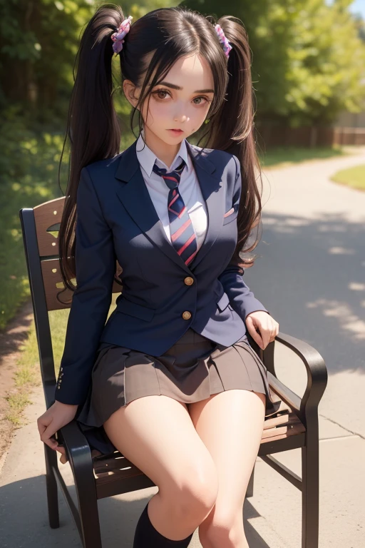 (((best qualityer), (hyper realist), mh-yk, 1 , alone, blackquality hair, eyes browns, long  hair, wearing private university uniform, blue blazer style with buttons, tie and tight skirt followed by knee socks,, big fit ass,, twintails, plein-air, hair rings, gazing at viewer, university anatomy club scene, de pé encostada na loja gazing at viewer, sweet look, inside a closed room with a blackboard behind full of drawings of the human body