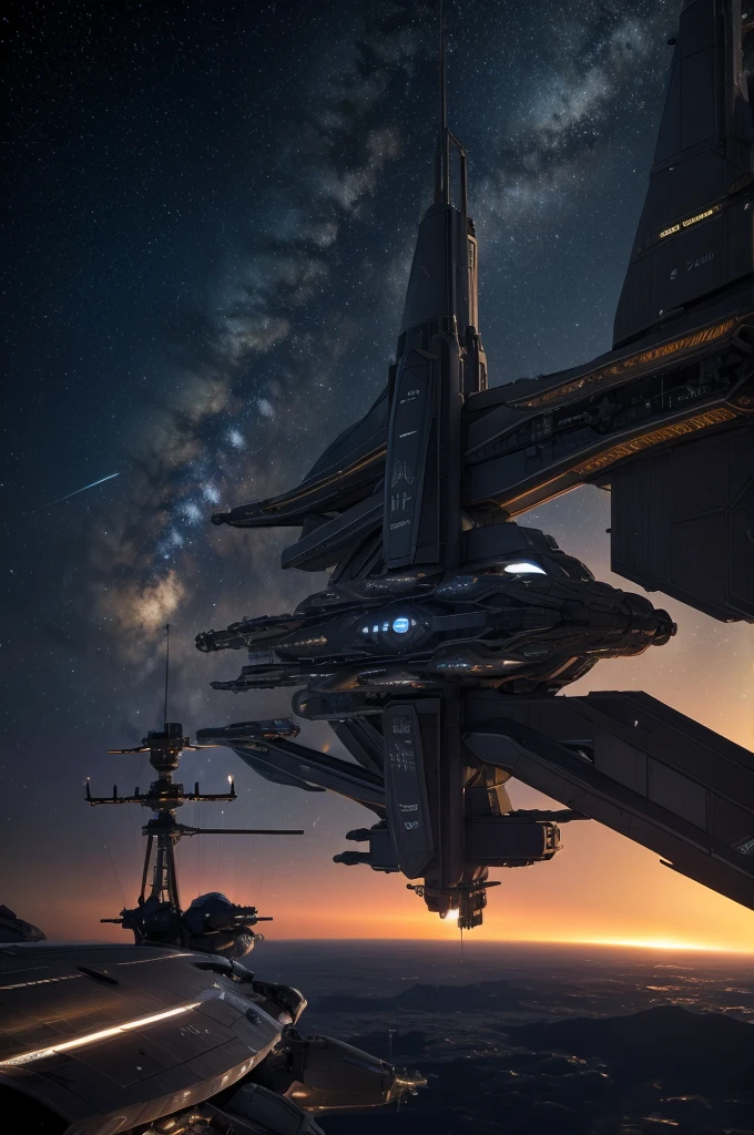 a spaceship battleship passing a refueling space station made out of big fuel tanks and a truss skeleton, masterpiece, best, epic space scene, photo realistic space battleship scene