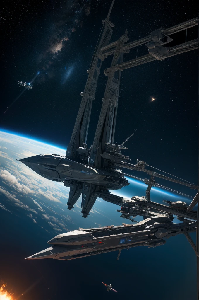 a spaceship battleship passing a refueling space station made out of big fuel tanks and a truss skeleton, masterpiece, best, epic space scene, photo realistic space battleship scene