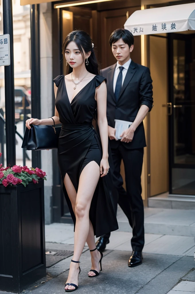 Outdoor crowds,Black hair big breasts beauty,frontage,is standing,Red knee-length cheongsam,Waist-length slits on both sides of the body,Red High Heel Pumps, --auto