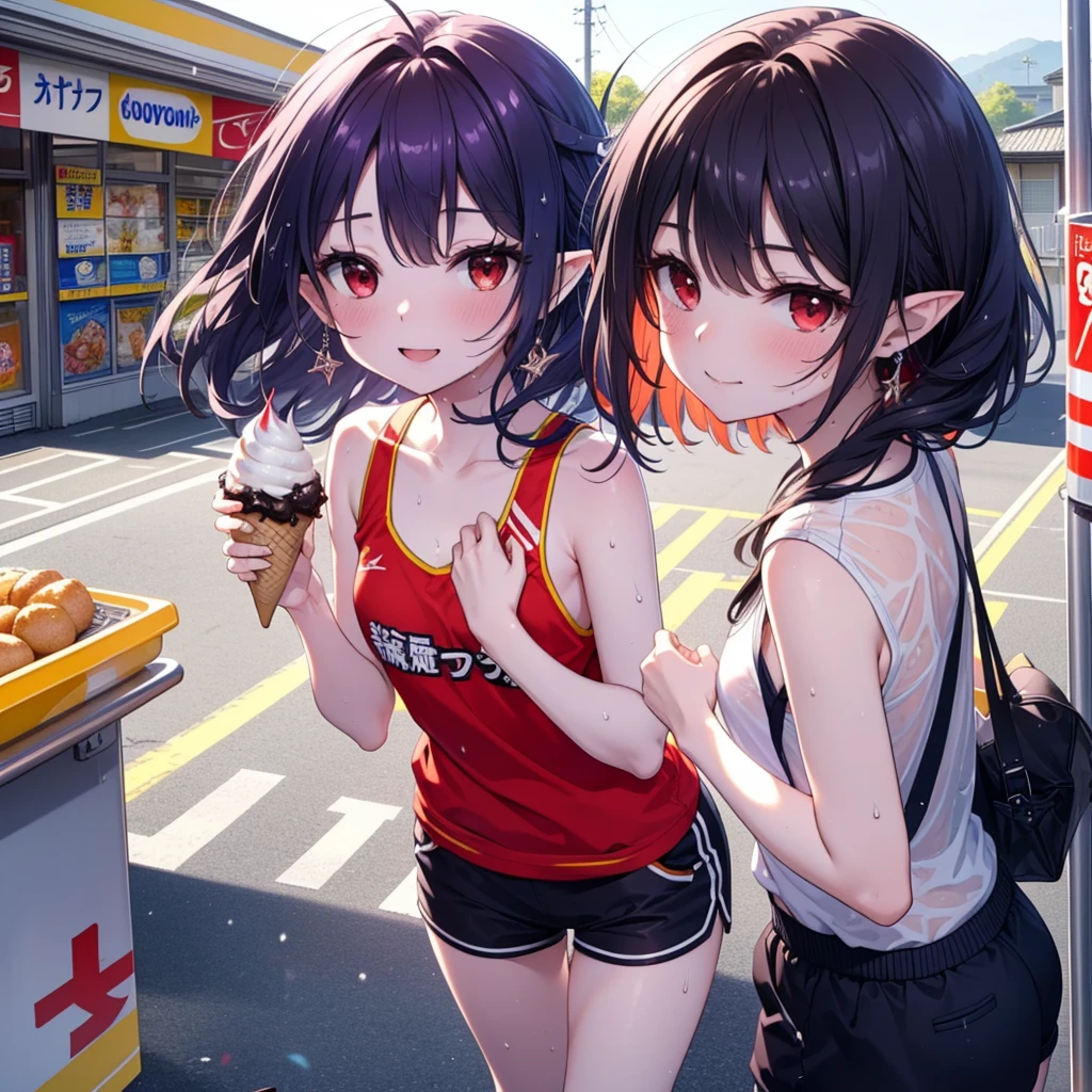 yuukikonno, Yuki Konno, hair band, Long Hair, Pointy Ears, Purple Hair, Sweat,Wet Skin,happy smile, smile, Open your mouth,(Red eyes:1.5), (Small breasts:1.2), Purple Tank Top,Sweat,Wet clothes,Shorts,barefoot,sneakers,Baseball cap,Holding ice cream in one hand,
break looking at viewer, whole body,
break outdoors,convenience store,
break (masterpiece:1.2), Highest quality, High resolution, unity 8k wallpaper, (shape:0.8), (Beautiful details:1.6), Highly detailed face, Perfect lighting, Extremely detailed CG, (Perfect hands, Perfect Anatomy),