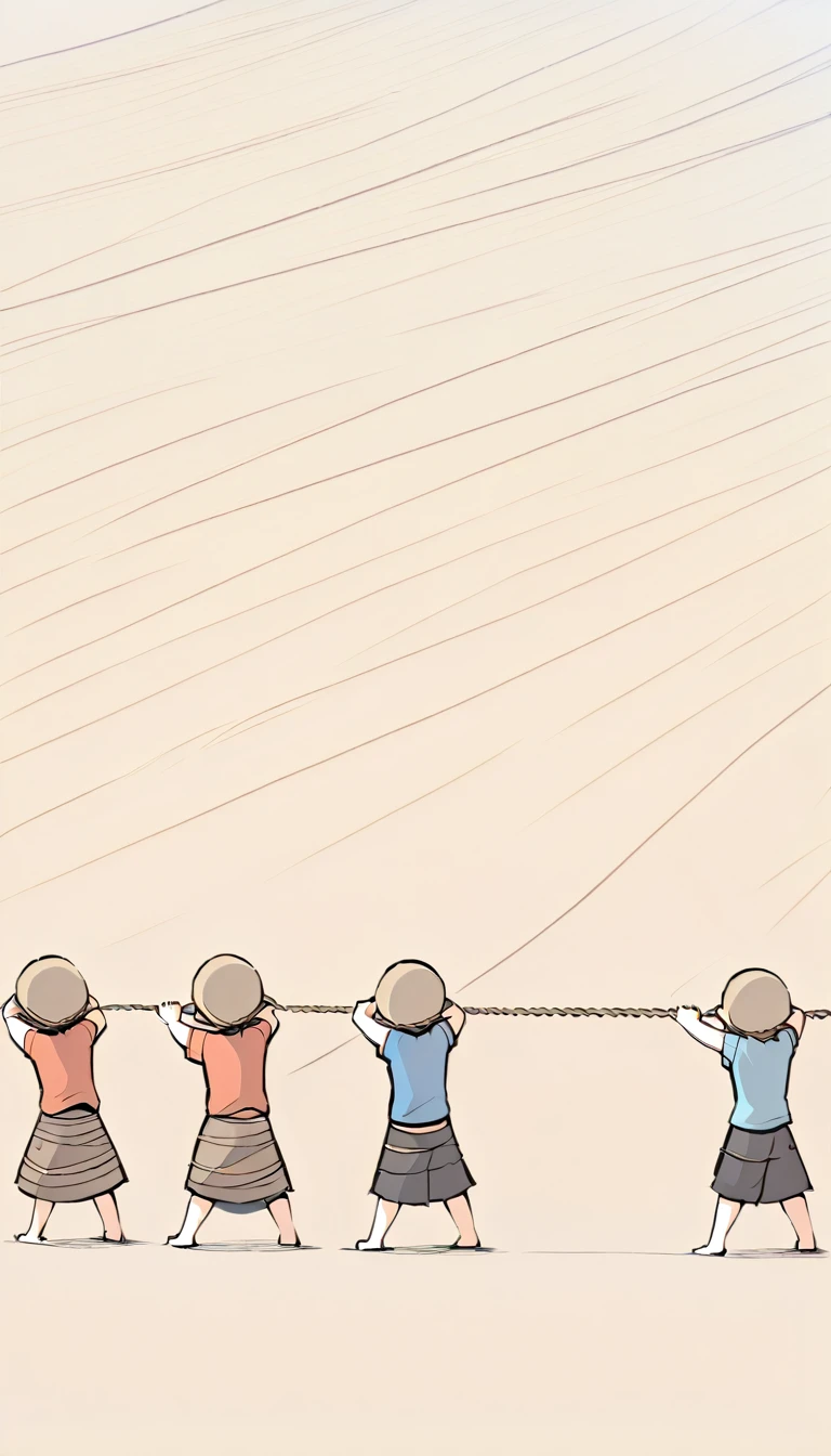 Create an image depicting a game where players are divided into two groups. Each group consists of 3 to 5 people. The groups face each other and are crouching in a line. The two groups are connected by a rope that is 3 to 6 meters long (depending on the size of the playing area). The rope represents a rice field ridge and is arranged in a zigzag pattern.