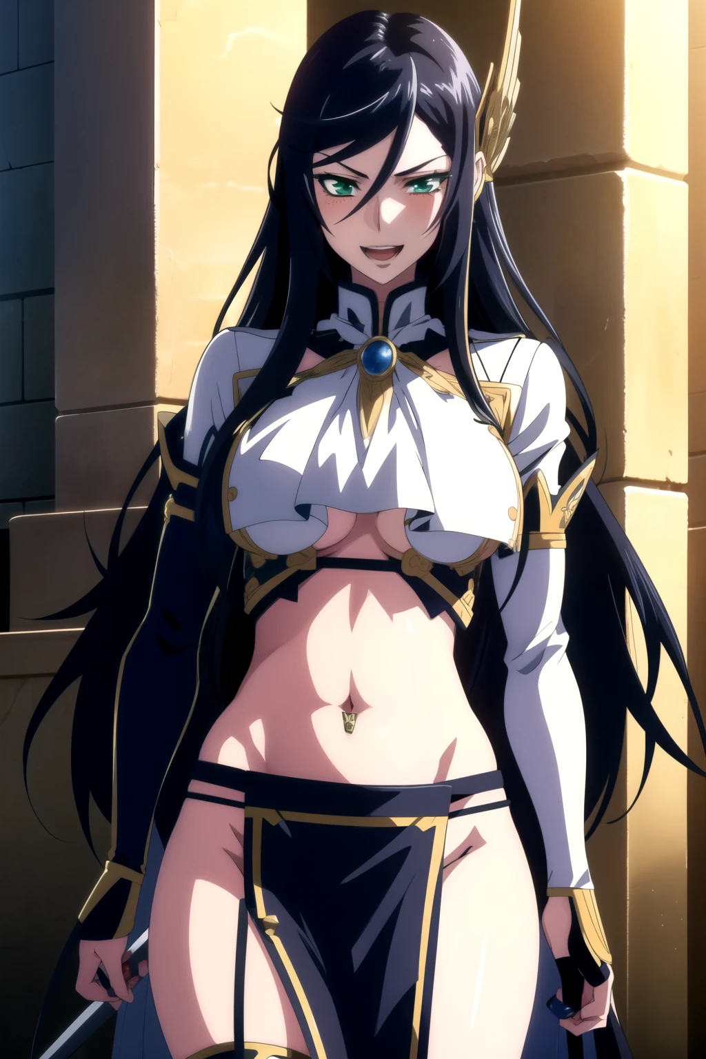 1girl, solo, green eyes, black hair, long hair, valkyrie, blush, lipstick,, masterpiece, best quality, highly detailed, fantasy , a anime girls in armored dress holding a sword
posing for a picture, evil smile, smile, open mouth, breastplate with open cleavage, cleavage, warrior
outfit, ecchi anime style, anime girls, ecchi style, (nsfw) not safe for work, ecchi, digital anime art!!, in
anime style, official artwork, visual novel cg, beautiful anime girl, anime style 4 k , loincloth, exposed
belly, exposed navel, exposed midriff, exposed lower belly, pencil skirt armored, castle,inside castle, navel piercing