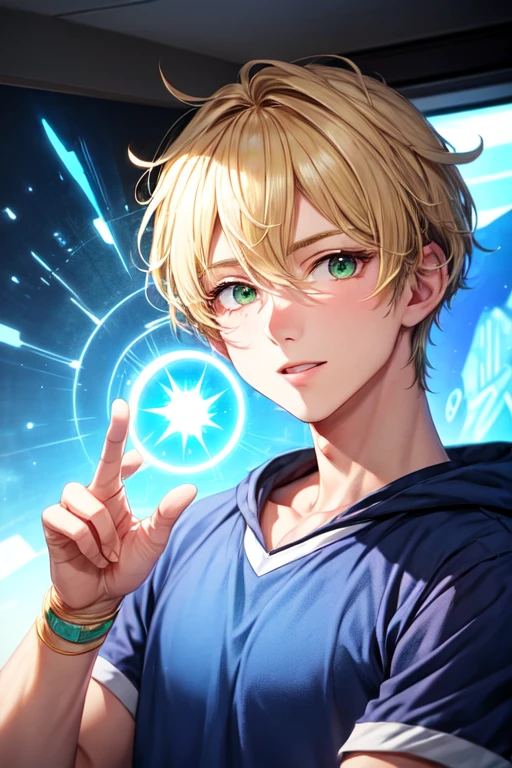 30 year old male boy, tall, short light blonde hair and one green eye and the other blue, with magical powers
