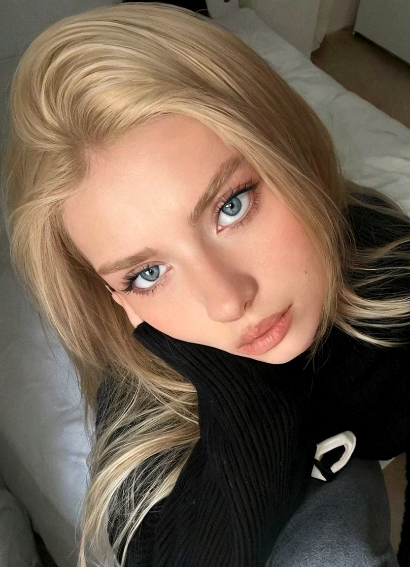 blonde woman with blue eyes and black sweater posing for a photo, yelena belova, blond hair and large eyes, olhos azuis e cabelos blonds, blond hair and blue eyes, dasha taran, long blond hair and large eyes, anastasia ovchinnikova, angelina stroganova, Aleksandra Waliszewska, a girl with blond hair, blond