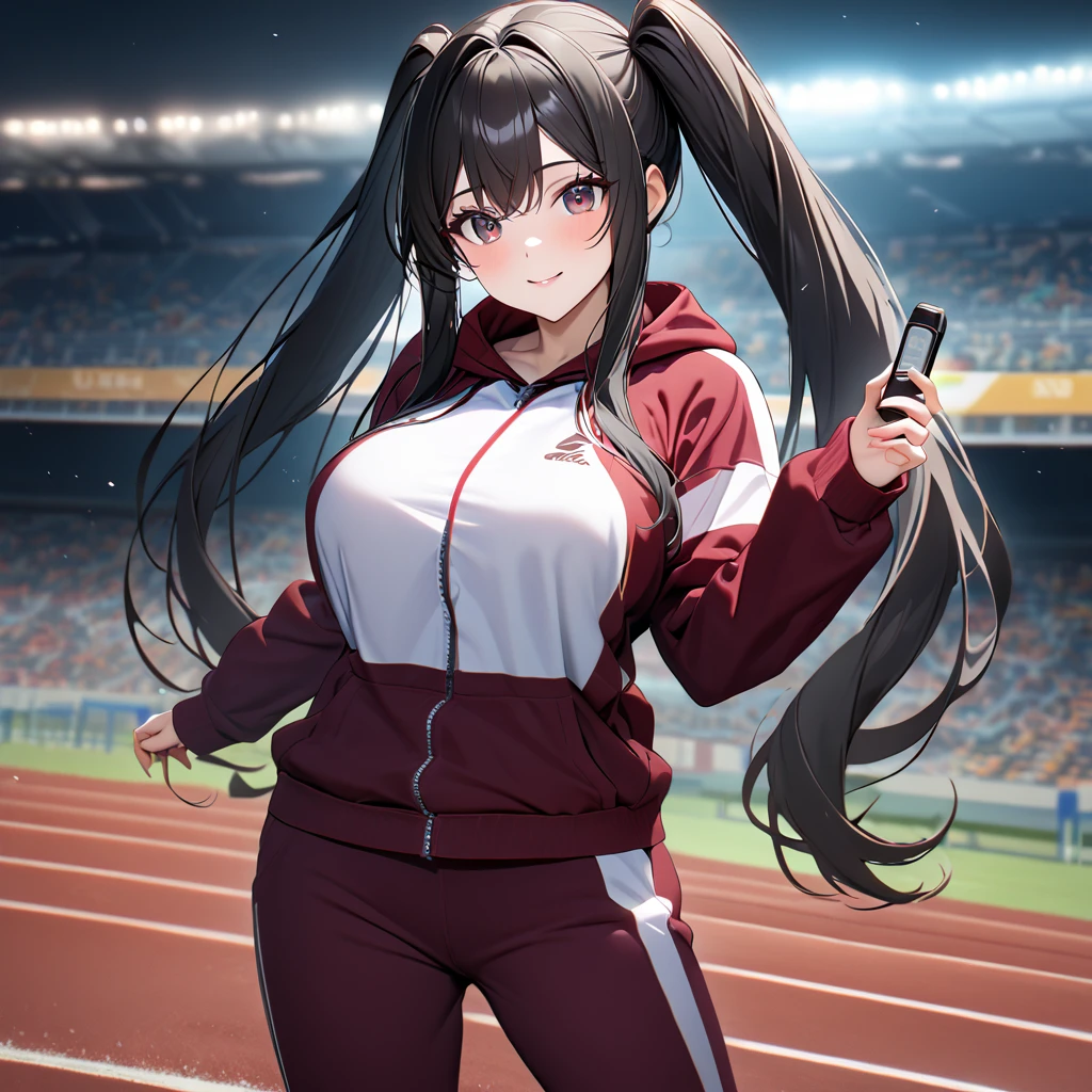 A woman wearing a burgundy sweatshirt, burgundy sports pants, sports sneakers, black hair, long hair, pigtails, burgundy eyes, smiling, big breasts, on an athletics track, standing upright, holding a hand timer, night place, with lighting,UHD , prime work , accurate , anatomically correct , textured skin , super details , high quality , best quality, 8k, high resolution, bokeh effect. (woman alone)
