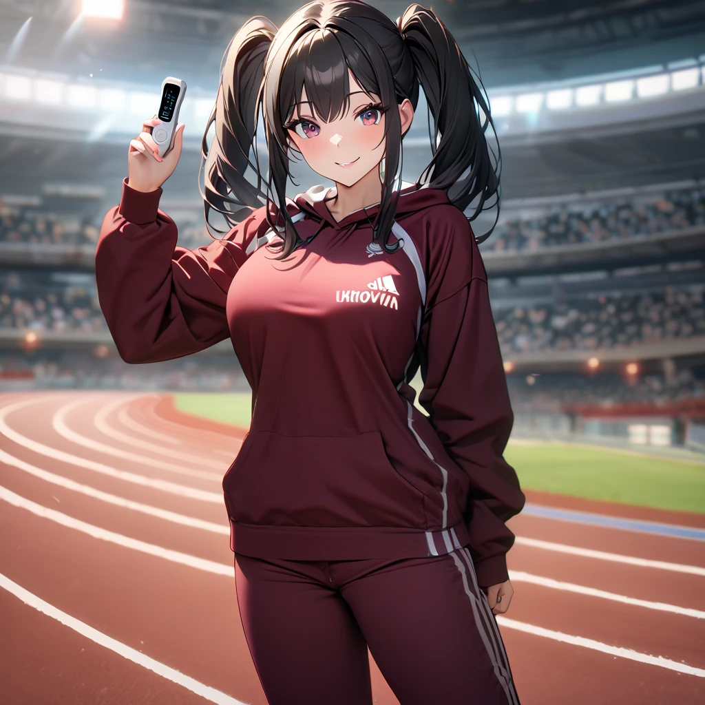 A woman wearing a burgundy sweatshirt, burgundy sports pants, sports sneakers, black hair, long hair, pigtails, burgundy eyes, smiling, big breasts, on an athletics track, standing upright, holding a hand timer, night place, with lighting,UHD , prime work , accurate , anatomically correct , textured skin , super details , high quality , best quality, 8k, high resolution, bokeh effect. (woman alone)
