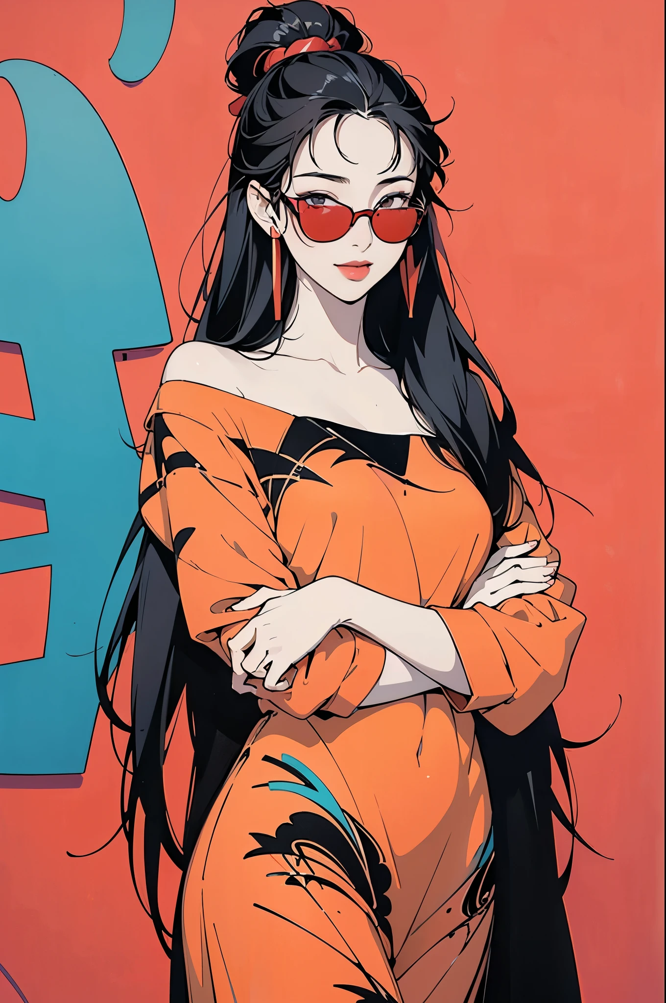 Flat Illustration artwork, ((Angelababy)) in a strapless dress standing in front of simple background, up close, wear dark sunglasses, korean pop-star, big smile, black hair, pretty hands, fringe, simple red background, palm trees, (graffiti wall:1.2), ((Art style by Patrick Nagel)), ((8k, wallpaper, detailed)), strong, courageous, art by Patrick Nagel, music album art cover