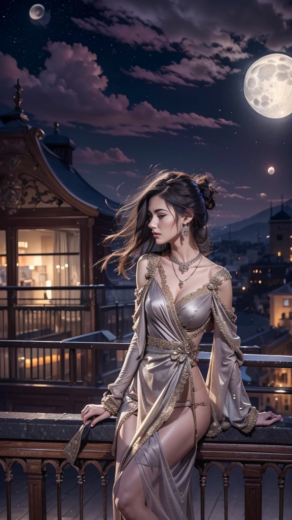 (32k:1.5, Highest quality, masterpiece, Ultra-high resolution), Professional camera work:1.6, Very detailedな肌と顔の質感:1.3, Captivating portrait:1.2, Very accurate, Very detailed, 1 adult female, ((Amazing night view from the rooftop:1.4, The moonlight at night illuminates my body)), (Satin Nightgown:0.7), Incredibly slim body, Sensual sitting position, sense of loss, Sadness, Expressions of sadness, (Big eyes that exude beautiful eroticism:0.4, A dreamy look:1.0, I love you with all my heart:0.8, Open your mouth a little, lipstick, Feel the beautiful eroticism:0.9), (Wet dark brown medium length hair), Candles, The chest is medium, Earrings, necklace, bracelet, (romantic, mysterious), Fair skin, elegant, Object of admiration, original, dramatic, Artistic, Innovative, Charm, Heartful, Fancy, sense of openness, sense of cleanliness, Special, exciting, Extreme, Tilt, ((Adult charm, Feminine charm, Hair blowing in the wind)
