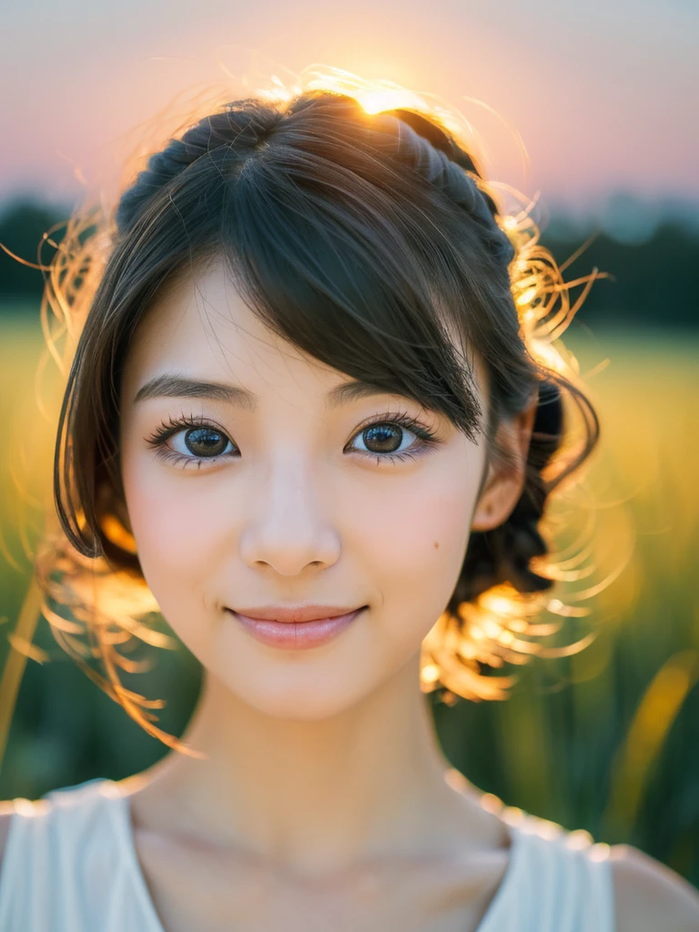 Japanese beautiful girl, ((Fisheye Lens, )) wind, sunset, Wheat field、, (Aesthetics and atmosphere:1.2),Smiling beautiful woman、8K、ultra HD、woman1 person((highest quality, 8K, masterpiece: 1.3)), woman (Wearing a white dress), Dancing,Sharp focus: 1.2, cute woman: 1.4, (((Random hairstyle)), Highly detailed face、skin、Hair Texture, detailed eyes, double eyelid, White skin, Beautiful and delicate nose, Cute young Japanese woman, 28 years old, At a dynamic angle, Pleasant to the eye、Thought-provoking composition, Emphasize the subject&#39;s hair,  Words and actions, The muted tones and contrast of light and shadow create a melancholic feeling.,
