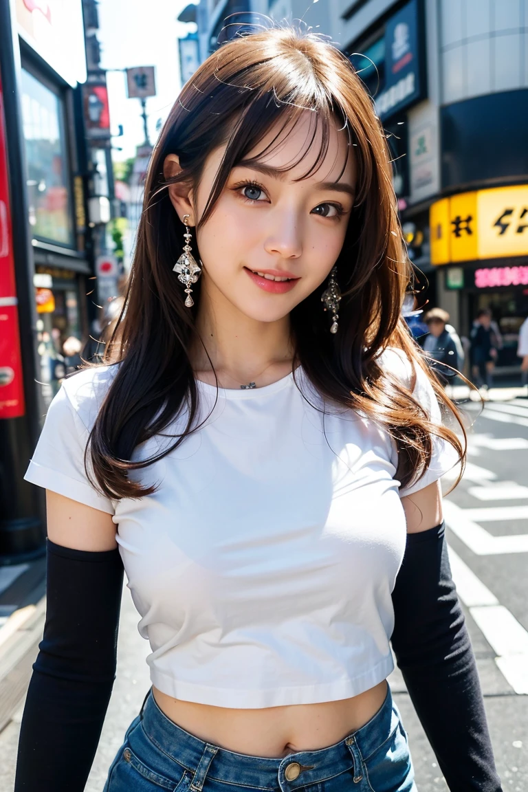 masutepiece, Best Quality, Illustration, Ultra-detailed, finely detail, hight resolution, 8K Wallpaper, Perfect dynamic composition, Beautiful detailed eyes, Women's Fashion Summer,Medium Hair,Small breasts natural color lip, Bold sexy poses,Smile,Harajuku、20 years girl、Cute、Sexy shot looking at camera
