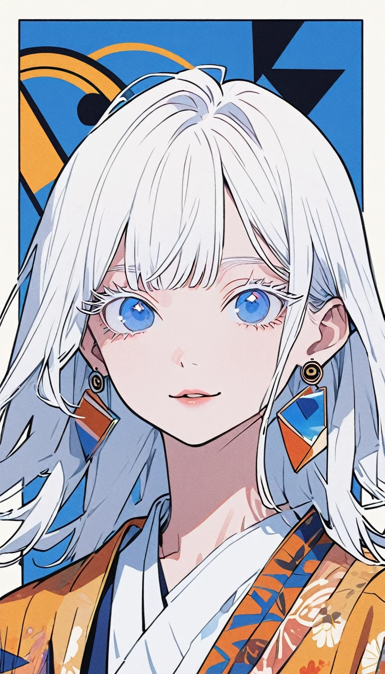 The Minimalists，Fashion Girl，White hair，Blue Background，Wearing special earrings，Bohemian style，Clear eyelashes，Bright blue eyes，Clean通透的眼珠，closure，Smiley face flat illustration，geometry，Clean，Japanese Manga