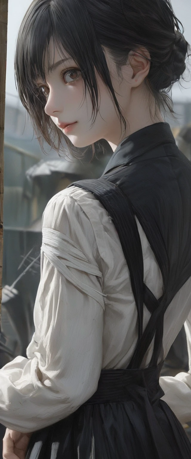 detailed face, cute face, ((masterpiece, Highest quality)), (One girl), (alone), (Focus on women), night (Chainsaw Man),(Highly detailed face, The real picture, Realistic white skin, Realistic body, Intricate details), Upper Body, Severe , Brown eyes, Looking at the audience, bandage over the body, Black Hair, Long sleeve shirt, Pinafore dress, Black tie, bandage, bandage, Small breasts