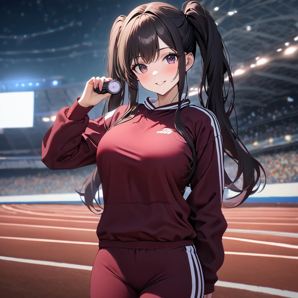 A woman wearing a burgundy sweatshirt, burgundy sports pants, sports sneakers, black hair, long hair, pigtails, burgundy eyes, smiling, big breasts, on an athletics track, standing upright, holding a hand timer, night place, with lighting,UHD , prime work , accurate , anatomically correct , textured skin , super details , high quality , best quality, 8k, high resolution, bokeh effect. (woman alone)
