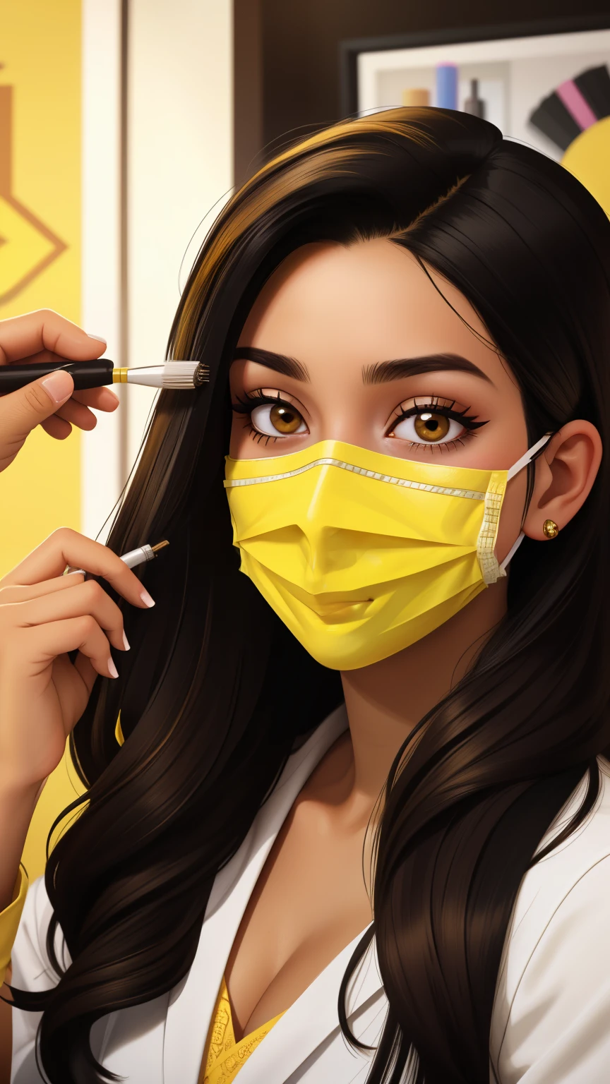 Realistic portrait of a young black hair with brown and yellow tips cosmetologist in her beauty salon putting a mask on a patient 