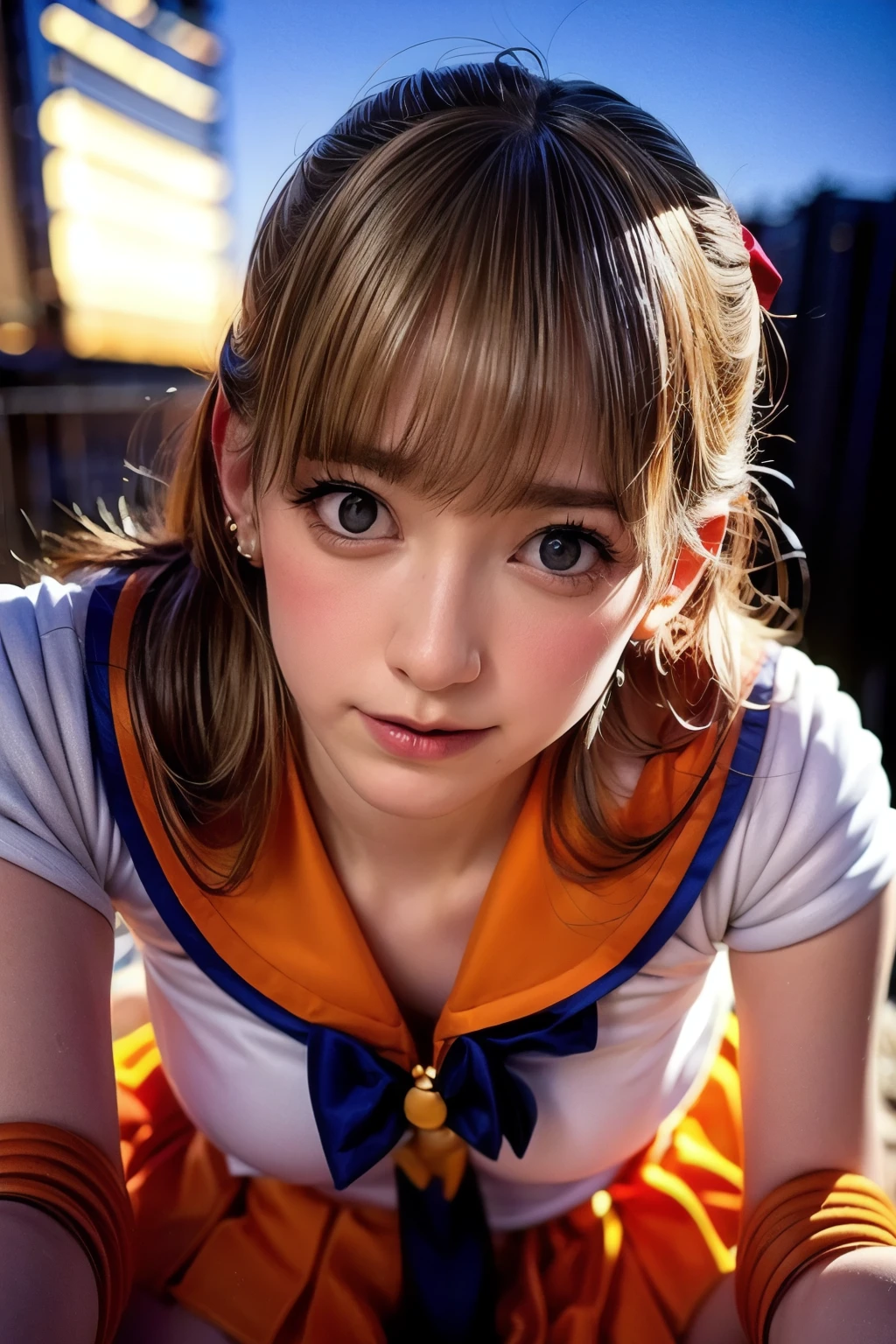 (realistic, photo-realistic:1.4), (best quality,masterpiece:1.2), RAW photo, high resolution, intricate details, extremely detailed, realistic and sharp details, cinematic lighting, (full body), frontal photography, solo, 1girl, sailor venus, sv1, MinakoAino, a Japanese female idol wearing a sailor senshi uniform, smuniform, jewelry, circlet, earrings, orange sailor collar, orange choker, blue neck ribbon, (white elbow gloves:1.2), orange skirt, orange ankle strap pumps, red hair bow, (blonde hair, long hair, parted bangs:1.5), kneeling down, spread legs, thin legs, bare legs, detailed face, beautiful detailed eyes, beautiful pupils, pale skin, fine-textured skin, (perfect anatomy, prefect hands), photo background, outdoors, daytime 