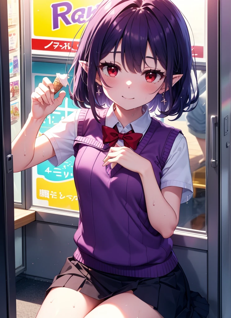 yuukikonno, Yuki Konno, hair band, Long Hair, Pointy Ears, Purple Hair, Sweat,happy smile, smile, Open your mouth,(Red eyes:1.5), (Small breasts:1.2), ,Holding ice cream in one hand,whole bodyがイラストに入るように,Sweat,Wet clothes, White shirt, Short sleeve, Pleated skirt, Collared shirt, mini skirt, 弓tie, White knee-high socks,Brown loafers , Black Skirt, green 弓,  (purple sweater vest:1.5),
break looking at viewer, whole body,
break outdoors,convenience store,
break (masterpiece:1.2), Highest quality, High resolution, unity 8k wallpaper, (shape:0.8), (Beautiful details:1.6), Highly detailed face, Perfect lighting, Extremely detailed CG, (Perfect hands, Perfect Anatomy),