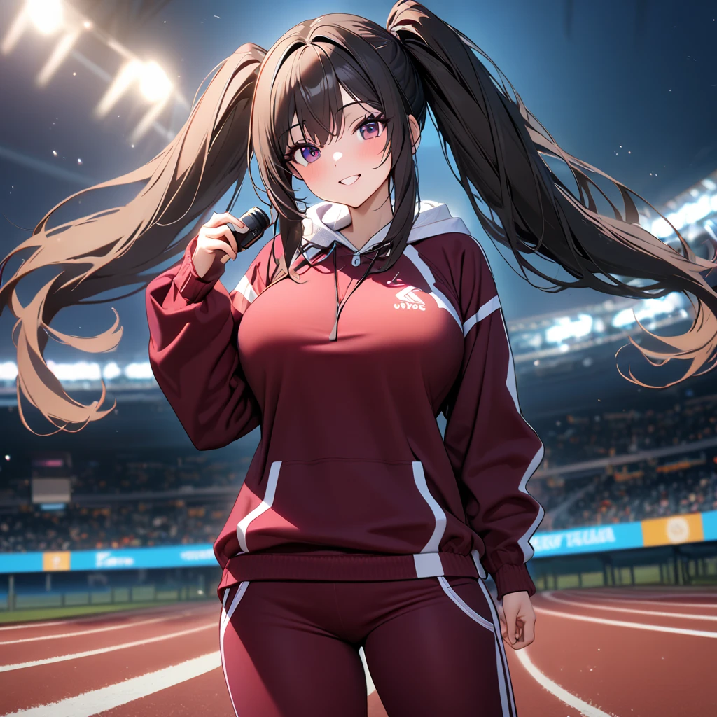 A woman wearing a burgundy sweatshirt, burgundy sports pants, sports sneakers, black hair, long hair, pigtails, burgundy eyes, smiling, big breasts, on an athletics track, standing upright, holding a hand timer, night place, with lighting,UHD , prime work , accurate , anatomically correct , textured skin , super details , high quality , best quality, 8k, high resolution, bokeh effect. (woman alone)
