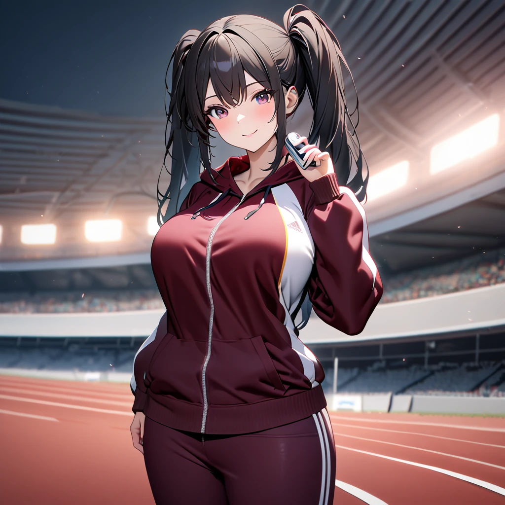 A woman wearing a burgundy sweatshirt, burgundy sports pants, sports sneakers, black hair, long hair, pigtails, burgundy eyes, smiling, big breasts, on an athletics track, standing upright, holding a hand timer, night place, with lighting,UHD , prime work , accurate , anatomically correct , textured skin , super details , high quality , best quality, 8k, high resolution, bokeh effect. (woman alone)
