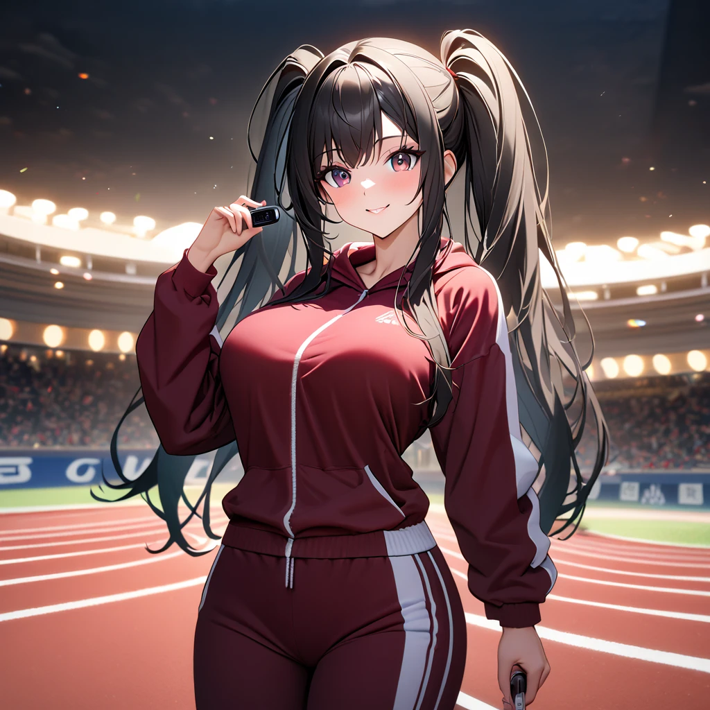 A woman wearing a burgundy sweatshirt, burgundy sports pants, sports sneakers, black hair, long hair, pigtails, burgundy eyes, smiling, big breasts, on an athletics track, standing upright, holding a hand timer, night place, with lighting,UHD , prime work , accurate , anatomically correct , textured skin , super details , high quality , best quality, 8k, high resolution, bokeh effect. (woman alone)
