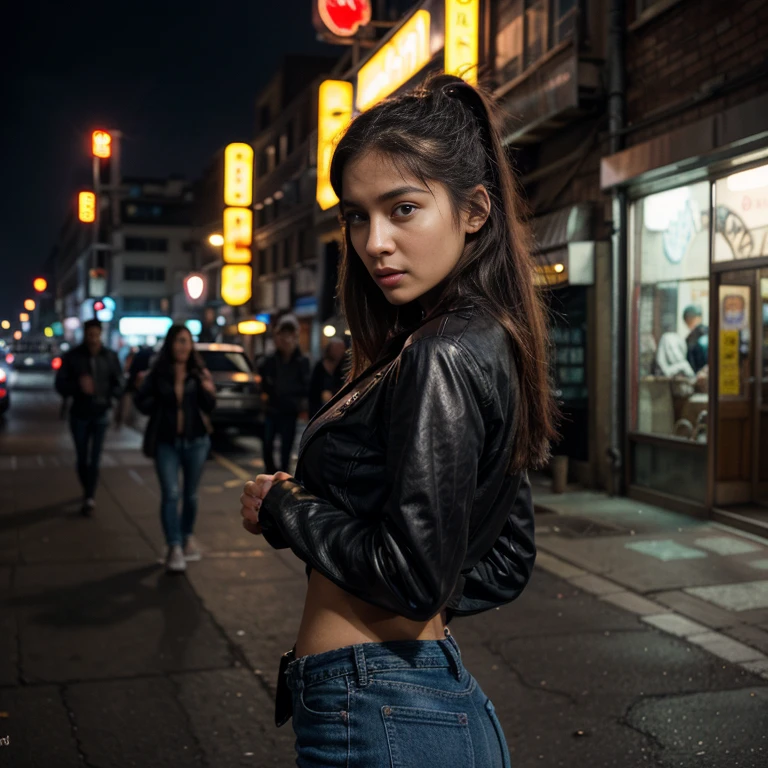 one beautiful woman, rebel, oval face, senseful lips, big brown eyes, 30 years old, slim sporty body, middle size breast, on a dark street surrounded by  neon lights, cyberpunk lighting conditions, 3/4 body, half-side view, wearing black torn jeans, white tshirt and leather jacken, tail hair, bad girl, hands in the pockets, dangerous woman, rebelious look, clothes are whole and consitant, no text, night time, backgorund blurred, cinematic lighting, motion blur, film grain, very detailed, 30 years,  dark brown eyes, high-res, masterpiece, best quality, intricate details, highly detailed, sharp focus, detailed skin, realistic skin texture, texture, detailed eyes, professional, 4k, 85mm, shallow depth of field, perfect fit body, extremely detailed, photo_\(ultra\), photorealistic, realistic, post-processing, maximum detail, roughness, real life, ultra realistic, photorealism, photography, 8k uhd, photography (grain of film) medium shot for closeup shot, longer slimer face, perfect face