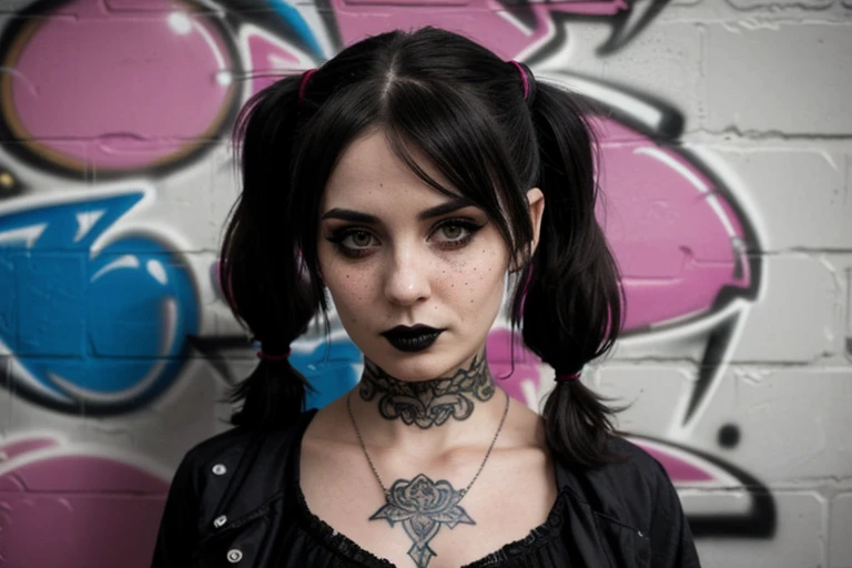 gothic style, dark, mysterious, haunting, dramatic,
sharp focus, professional lighting, 8k, hdr, DSLR, professional photo, film grain, high contrast, warm light
8k tattoos, (ornate:1.2), photo of a beautiful, girl, (freckles:0.8), charming look, goth, softcore, tattoos, black makeup, (long twintails:1.3), (black lipstick:0.7),
medium full shot, top down view, standing in front of a brick wall, (colorfull graffiti art:1.2), looking at the viewer,