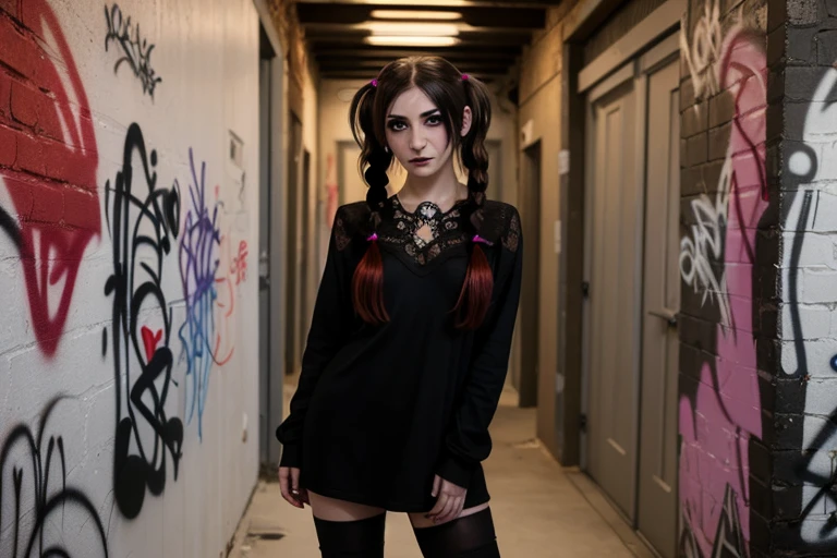 gothic style, dark, mysterious, haunting, dramatic,
sharp focus, professional lighting, 8k, hdr, DSLR, professional photo, film grain, high contrast, warm light
8k tattoos, (ornate:1.2), photo of a beautiful, girl, (freckles:0.8), charming look, goth, softcore, tattoos, black makeup, (long twintails:1.3), (black lipstick:0.7),
medium full shot, top down view, standing in front of a brick wall, (colorfull graffiti art:1.2), looking at the viewer,
