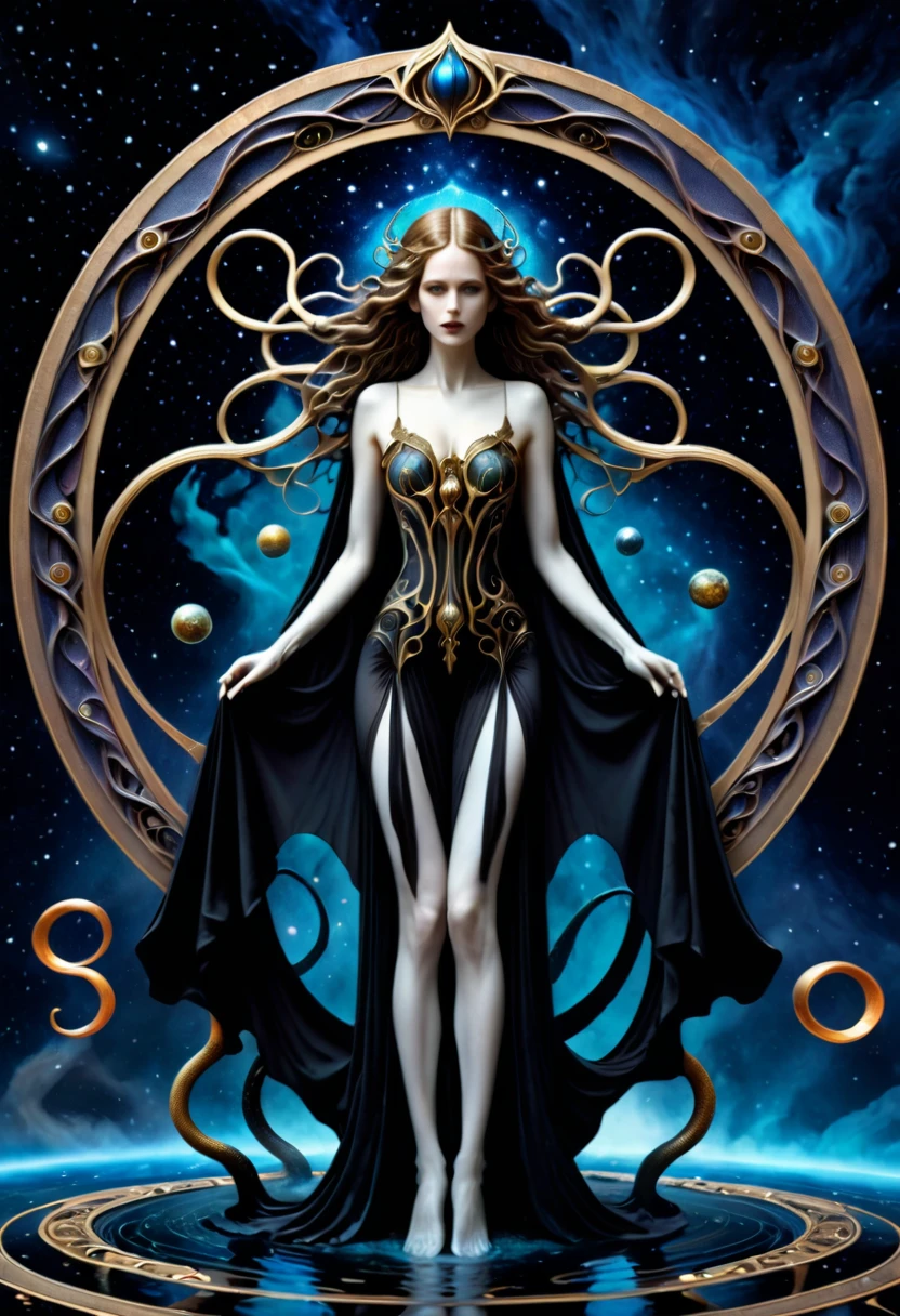 a beautiful void goddess, void elemental woman floating in the void dimension, dramatic poses, ghostly lovecraftian tentacles, intricate flowing bodysuit, wearing a nebulae like cape, Hans Ruedi Giger bio-mechanical style, fantasy art nouveau tarot card style, (best quality,4k,8k,highres,masterpiece:1.2),ultra-detailed,(realistic,photorealistic,photo-realistic:1.37),dramatic lighting,vibrant colors,stunning details