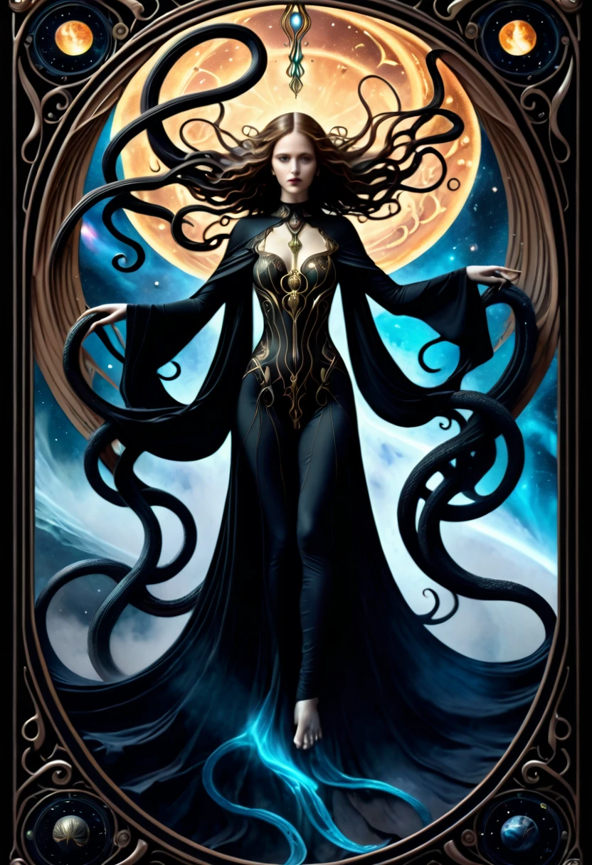 a beautiful void goddess, void elemental woman floating in the void dimension, dramatic poses, ghostly lovecraftian tentacles, intricate flowing bodysuit, wearing a nebulae like cape, Hans Ruedi Giger bio-mechanical style, fantasy art nouveau tarot card style, (best quality,4k,8k,highres,masterpiece:1.2),ultra-detailed,(realistic,photorealistic,photo-realistic:1.37),dramatic lighting,vibrant colors,stunning details