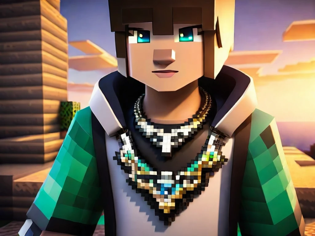 a young boy in minecraft, posing for a photo, pixelated, metal necklace, minecraft rendering, pixelated rendering, minecraft style, minecraft rendered background, detailed, high quality, photorealistic, 8k, intricate details, volumetric lighting, dynamic composition, cinematic lighting, dramatic shadows