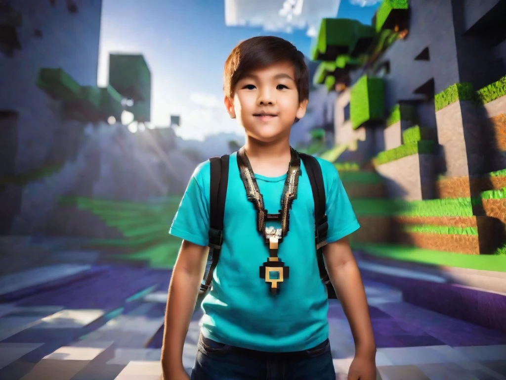 a young boy in minecraft, posing for a photo, pixelated, metal necklace, minecraft rendering, pixelated rendering, minecraft style, minecraft rendered background, detailed, high quality, photorealistic, 8k, intricate details, volumetric lighting, dynamic composition, cinematic lighting, dramatic shadows