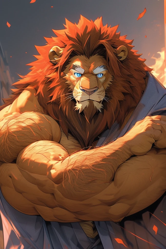 dad lion , hairy chest, bearded, Big , muscular, Big thighs, handsome, Red hair, light brown skin, erected, Heroic pose, muscular arms, Big muscular chest, detailed light blue eyes
