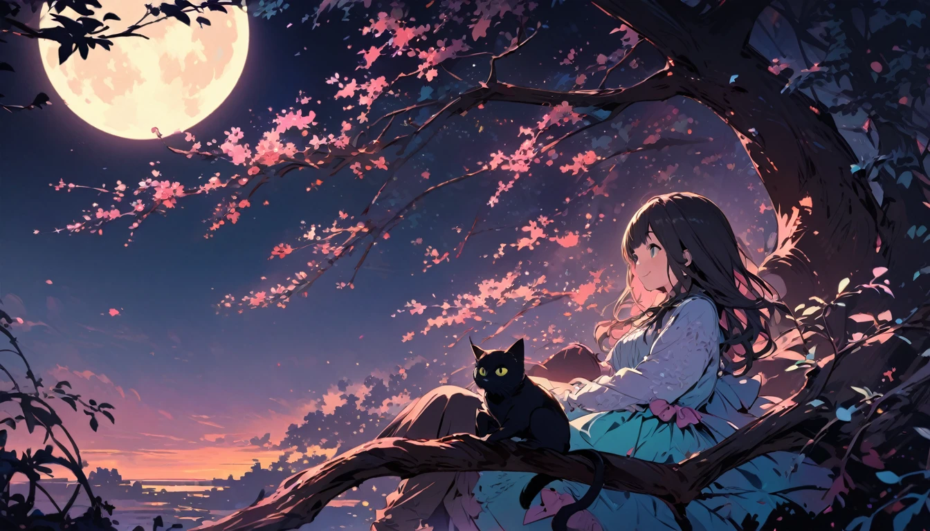 Romantic and sweet style，night，Backlight，A girl sitting on a branch，Holding a black cat，There is a full moon behind，Fresh colors，Soft colors，Concept Art Style，Very intricate detail，Clear distinction between light and dark，structured，Ultra HD, Smiling in the scene